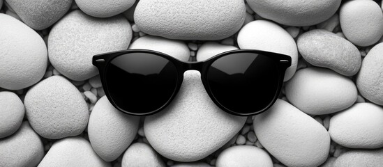 Black sunglasses on a bed of white pebbles.