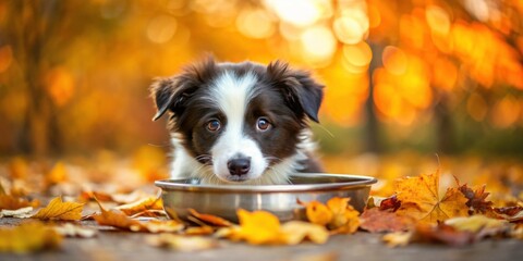 Wall Mural - Puppy border collie with fluffy fur enjoying a drink from a bowl in a picturesque autumn setting , autumn, border collie, puppy, dog