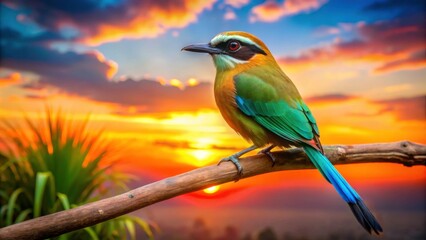 Wall Mural - Stunning image of a Turquoise-Browed Motmot perched on a branch with a vibrant sunset background , Turquoise-Browed Motmot