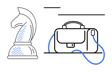 Chess knight piece next to a business briefcase, symbolizing strategic planning and business activities. Ideal for business strategy, decision making, corporate planning, professional growth, team