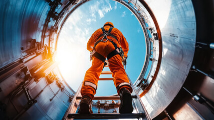 technician in orange jumpsuit is seen climbing ladder inside large cylindrical structure, looking up towards bright sky. scene conveys sense of adventure and determination