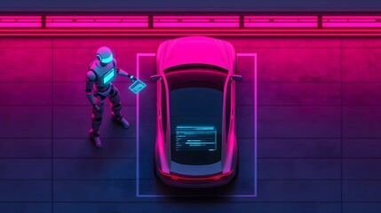 Futuristic humanoid robot technician adjusting the interface of an electric car in a sleek neon lit garage surrounded by floating holographic tools and a high tech minimalist interior design