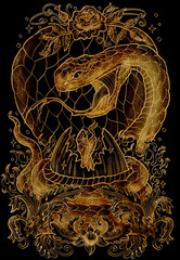 Graphic illustration with snake - symbol of the year according to chinese horoscope, and her child against black background. Esoteric, gothic and mystic artwork, epic concept for print, tattoo