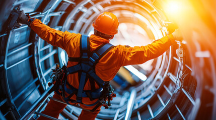 technician in orange jumpsuit climbs inside wind turbine, showcasing intricate structure and technology involved in renewable energy. scene captures dedication and skill required for this essential