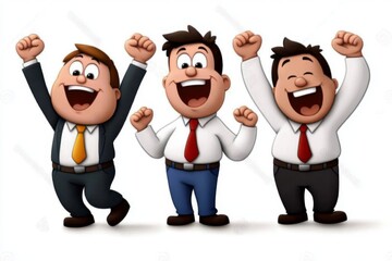 a 2D cartoon illustration of a business team celebrating a big win excitement and teamwork white background