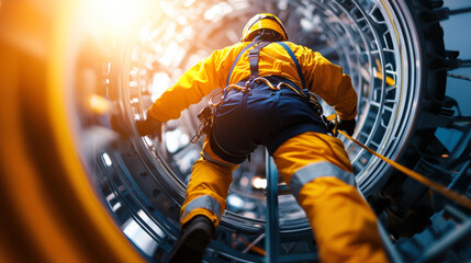 wind turbine technician is climbing inside turbine structure, showcasing intricate design and engineering involved in renewable energy. scene captures dedication and skill required for this important