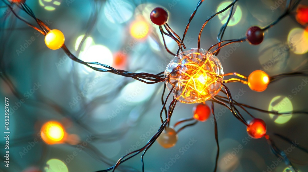 Close-up of a human brain model with vibrant neural pathways ...