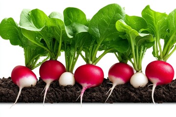 a 2d cartoon illustration of a patch of radishes growing in rows fresh and vibrant white background