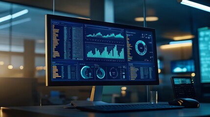 Computer Monitor Featuring Abstract Network Monitoring Dashboard