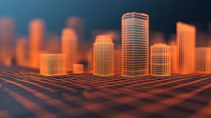 Detailed digital wireframe model showcasing the grid like layout of buildings and streets in a modern abstract city landscape  This futuristic architectural visualization highlights the clean