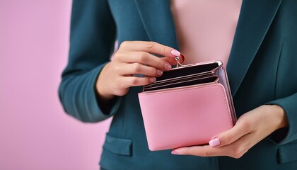 Close up on wallet, Woman opens a pink wallet, revealing empty wallet. The scene captures the act of handling cash, emphasizing personal finance and everyday transactions in a stylish setting