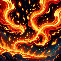 A vibrant illustration depicting swirling flames in shades of orange and yellow against a dark background. The flames appear to be rising from a base of fire, creating a dynamic and fiery scene.