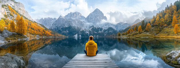 Wall Mural - Man sitting on a wooden dock contemplating a lake in the Alpine Mountains
