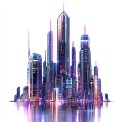 Futuristic city skyline with colorful skyscrapers and glowing lights, isolated on a white background.