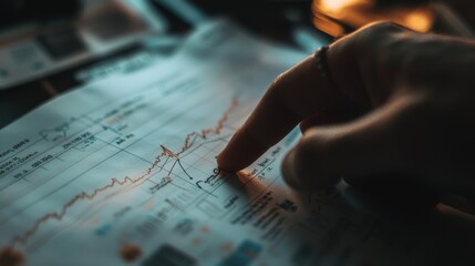 Finger tracing along a stock market line on a printed sheet with annotations