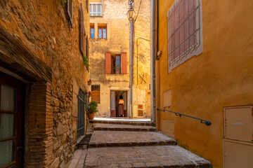 Wall Mural - A young woman stands in the doorway near a narrow cobblestone alley in the medieval hilltop village of Tourrettes-sur-Loop, France, in the Alpes-Maritimes region.