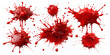 © Rehana - collection of red blood splatters, flowing bloody stains, splashes and drops. Trail and drips red blood close up isolated on white background as transparent. PNG. AI GENERATED.