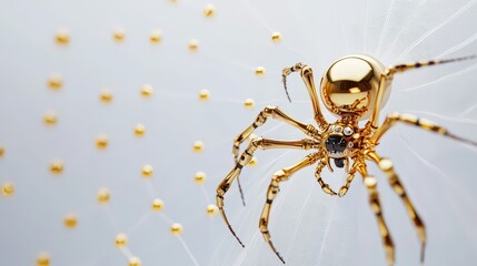 Gold spider robot weaving a mechanical web, isolated to showcase intricate design