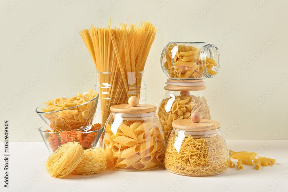 Composition with different uncooked pasta in glass bowls on light background
