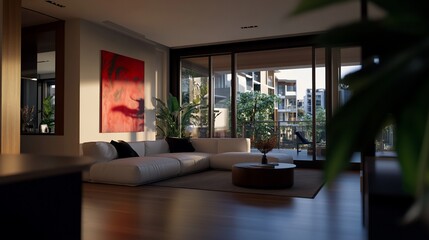 Modern living room with large windows, white sofa, wooden floor and a red abstract painting on the wall.