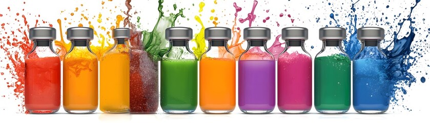 Colorful liquid splash in bottles.