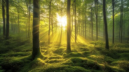 Wall Mural - 2410 81.The morning sun breaks through a dense mist in a vibrant spring forest, casting beams of ethereal light that filter through the branches. Dew-covered leaves glisten in the soft sunlight,