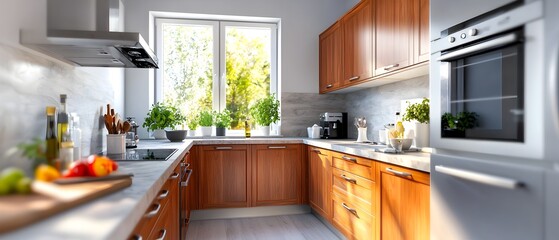 Fototapete - Elegant classic style kitchen featuring intricate wood cabinetry sleek appliances and stone countertops in a soft watercolor inspired aesthetic  This high end