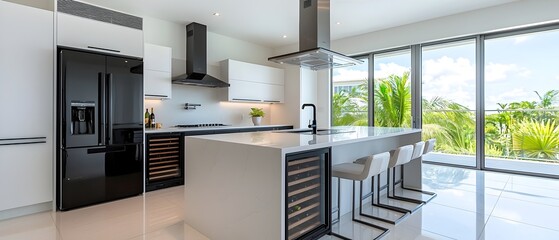Aufkleber - Elegant watercolor inspired open kitchen design featuring a large island with seating glossy black refrigerators and built in wine coolers for a luxurious and refined culinary experience