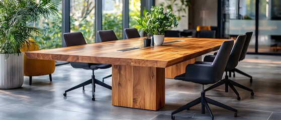 Poster - Stylish and minimalist top view of a modern office meeting room with a sleek wooden table neatly arranged chairs in warm natural tones captured in a serene watercolor style