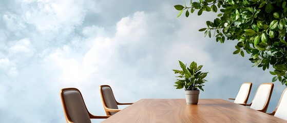 Aufkleber - Elegant top down view of a professional meeting or conference room with a symmetrically arranged oak table and chairs in a soft watercolor inspired aesthetic  The minimalist