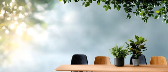 Aufkleber - Elegant and minimalist professional meeting space with a symmetrically arranged oak table and chairs surrounded by a soft watercolor inspired backdrop