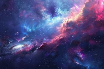 Wall Mural - Colorful and vivid space painting with bright shining stars and a spiral galaxy.