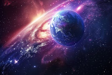 Wall Mural - Earth from Space with Vibrant Nebula and Glowing Stars