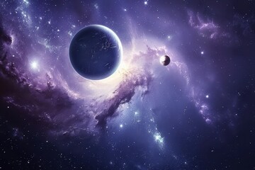 Wall Mural - Breathtaking Digital Artwork of a Purple Nebula with a Blue Planet and a Moon