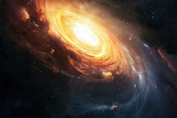 Wall Mural - Glowing orange and yellow spiral galaxy in deep space.