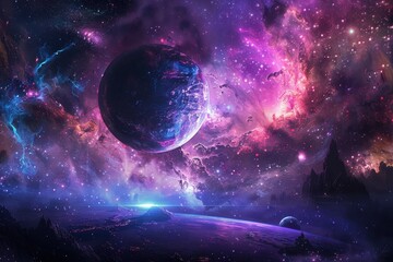 Wall Mural - Glowing Purple Planet and Nebula in Deep Space