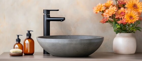 Poster - Minimalist bathroom sink with concrete surface and matte black faucets in a warm watercolor toned backdrop  Clean simple and elegant design for interior home and decor