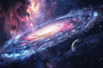 Wall Mural - Glowing spiral galaxy with a blue and purple hue and a planet with rings floating in space.