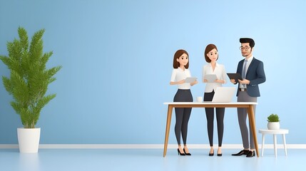 Poster - A modern depicting a business team gathered around a desk reviewing charts and graphs symbolizing the concept of teamwork productivity and collaborative decision making within a corporate setting