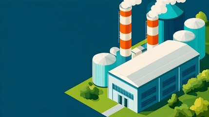 Poster - Aerial depicting an eco friendly waste processing plant equipped with sustainable energy sources such as solar panels wind turbines and other renewable technologies showcased in a bright modern style