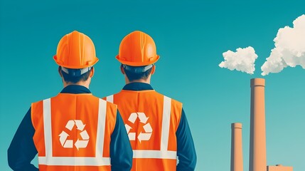 Poster - Factory workers efficiently managing the waste recycling process with the help of modern equipment and innovative technology in a art style the importance of sustainable industrial practices