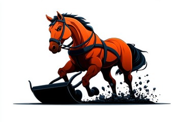 a 2D cartoon illustration of a horse pulling a plow working on the farm traditional vibes white background