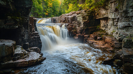 A dramatic shot of a waterfall plunging from a cliff into a rocky gorge, with the sound of rushing water echoing through the summer air 