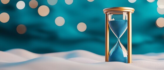 Aufkleber - Mesmerizing flow of ethereal blue sand cascading within an hourglass surrounded by a soft dreamy glow and captivating white bokeh creating a serene and timeless visual experience