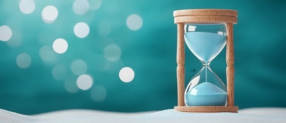 Aufkleber - Graceful hourglass filled with delicate blue sand illuminated by a soft fair light that creates a beautiful blue and white bokeh effect enhancing the peaceful and serene atmosphere of the scene