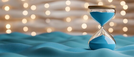Aufkleber - Flowing blue sand gracefully swirling and drifting within an hourglass set against a mesmerizing backdrop of soft glowing light and delicate blue and white bokeh