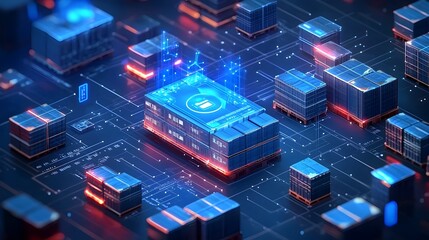 Aufkleber - Cutting edge warehouse showcasing advanced logistics technology including an AR powered picking system and holographic icons highlighting delivery items in a glowing blue environment