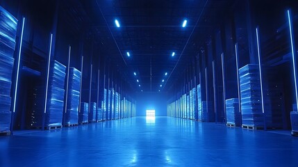 Aufkleber - Futuristic digitalized warehouse environment with package sorting glowing blue light guiding the way and efficient supply chain and logistic innovation  Showcasing advanced technology automation