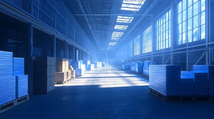 Aufkleber - Digitized warehouse environment with augmented reality package sorting glowing blue lights guiding the way and innovative supply chain logistics for efficient distribution and delivery