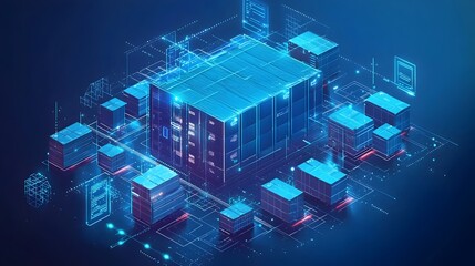 Poster - Futuristic augmented reality warehouse management system for streamlined logistics and package tracking with glowing blue UI elements  Advanced digital technology for efficient inventory control